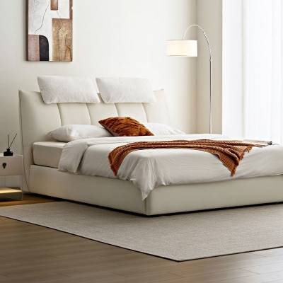 Cream White Fabric Double Bed