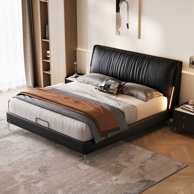 Modern Leather Bed with Wooden Slat Frame