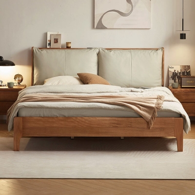 Walnut Color Leather Bed with Solid Wood Frame